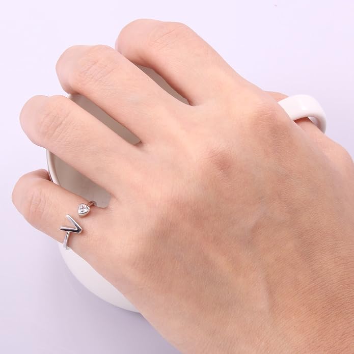 VIKI LYNN 925 Sterling Silver Rings Size 4.5 Adjustable Initial Letter Ring with Cubic Zirconia-Personalized Gifts for Women