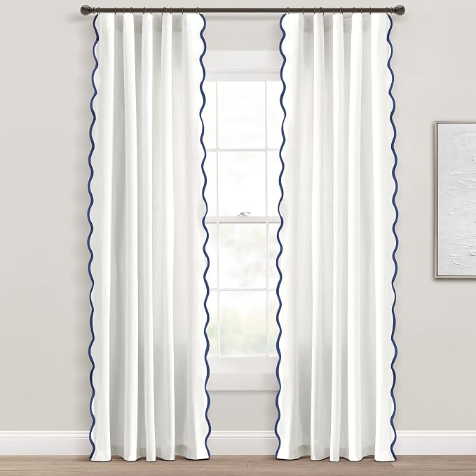 Lush Decor Coastal Chic Scalloped Edge Light Filtering Window Curtain Panels Pair, 52" W x 84" L, Navy & White - White Curtains for Living Room - Coastal Decor