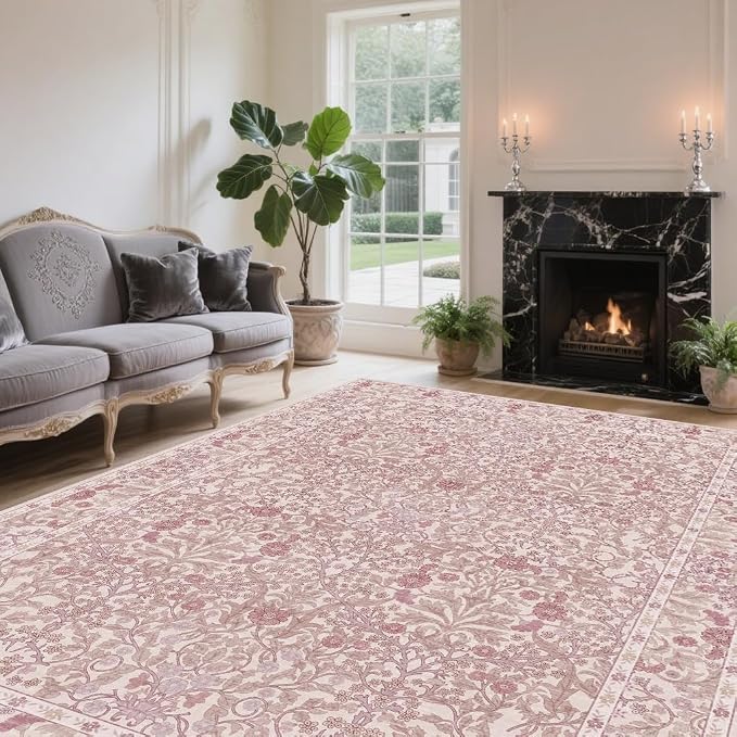Vintage Pink Living Room Rug, 6x9 Washable Area Rugs for Dining Room Under Table, Soft Low Pile Large Carpet Bedroom, Non-Slip Boho Floral (6 x 9 Pink)
