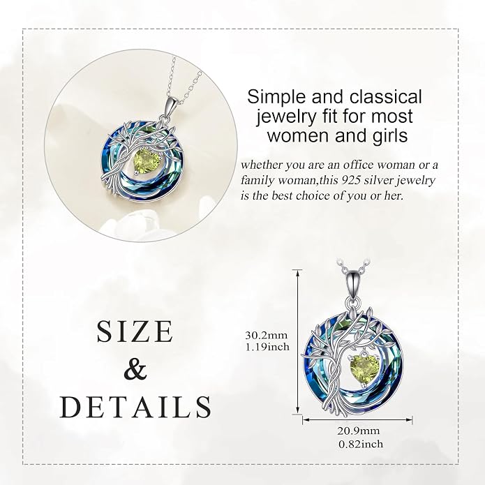 POPLYKE Mothers Day Gifts for Mom Her Wife Tree of Life Necklace 925 Sterling Silver Birthstone Pendant with Crystal Anniversary Birthday Wedding Jewelry for Women