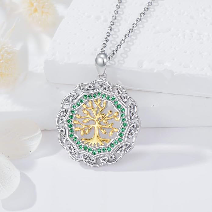 Sterling Silver Birthstone Celtic Tree of Life Necklace, 18K Gold Plated Colored Gemstone Tree of Life Pendant Two-Tone Necklaces Jewelry Birthday Gifts for Women 18" - 20"