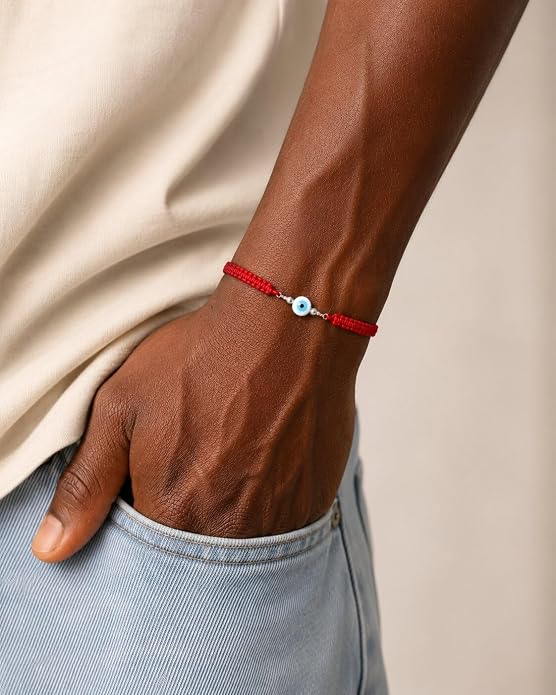 Evil Eye Bracelet for Men Women, Sterling Silver Protection Bracelet, Adjustable Black or Red Woven Cord Bracelet, Good Luck Jewelry Gift