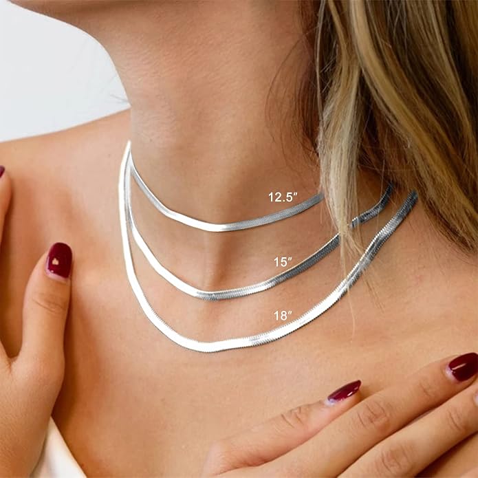 FOCALOOK 14K Gold Plated Necklaces for Women, Fashion Herringbone Choker Necklace Stainless Steel Flat Snake Chain 3/5MM(W) 12.5"/15"/18"+3.5"(L)
