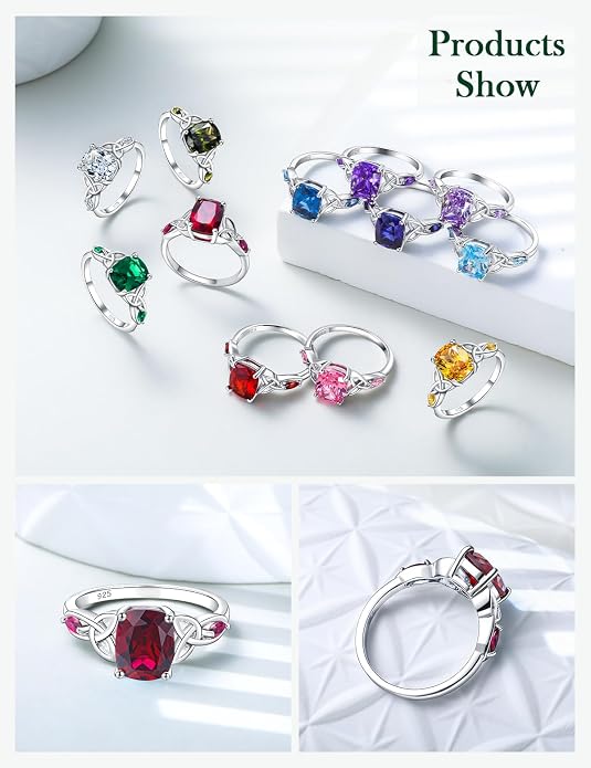 925 Sterling Silver Birthstone Rings for Women Cushion Cut Engagement Celtic Knot Ring Irish Jewelry Created Gemstone Anniversary Rings Size 6-10(with Box)