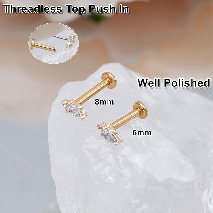 14K Yellow/White Gold Cartilage Earring Stud 1 Pcs, 6mm 8mm 16G Threadless Flat Back Earrings, Push in Tragus Earrings Threadless Labret Stud