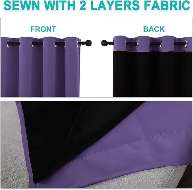 NICETOWN 100% Blackout Curtains with Black Liners, Thermal Insulated Full Blackout 2-Layer Lined Drapes, Noise Cancellation Window Drapes for Dining Room (Lilac Purple, 2 Panels, 52" W by 54" L)