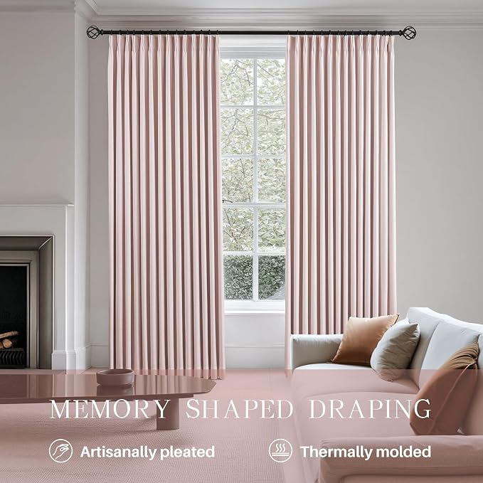 Pinch Pleated Curtains 100% Blackout Linen Curtains 108 Inches Long for Bedroom Living Room, Pink Memory Trained Thermal Insulated Room Darkening Window Pleat Drapes with Hooks, 2 Panels, 40"Wx108"L