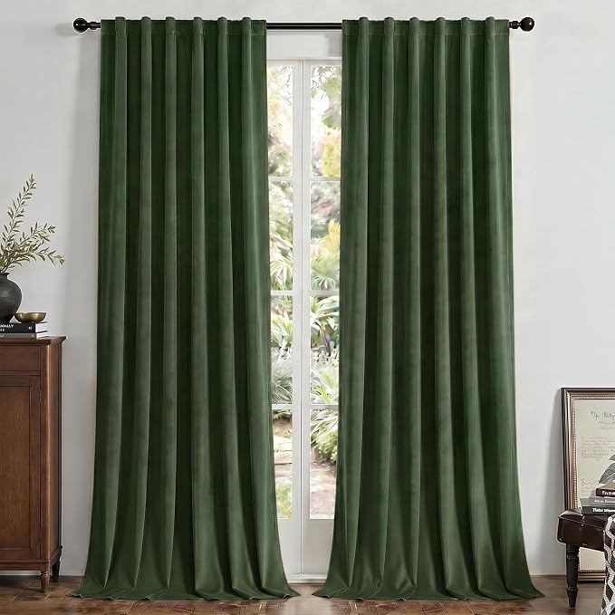 Joydeco 100% Blackout Velvet Curtains Olive Green 120 Inch Back Tab | Luxury Thermal Insulated Velvet Curtains for Bedroom Living Room, Soundproof Blackout Window Drapes