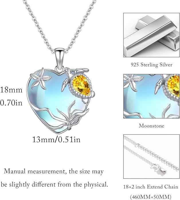 Sea Turtle/Seaweed Necklace for Women 925 Sterling Silver Heart of the Ocean Moonstone Pendant Necklace Turtle Moonstone Jewelry Gift for Wife Mom
