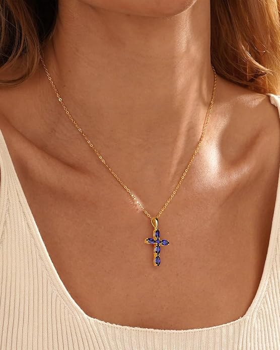 14K Gold Plated 925 Sterling Silver Birthstone Cross Necklace for Women Men