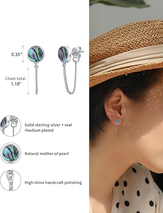 S.Leaf Gold Stud Earrings for Women 925 Sterling Silver Hypoallergenic Mother of Pearl Shell Stud Chain Earrings Friendship Jewelry Gifts for Women Her