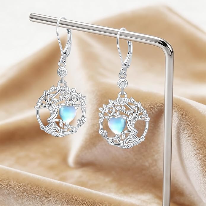 Odinstone 925 Sterling Silver Earrings Tree of Life Teardrop Moonstone Dangle Drop Leverback Earrings for Women