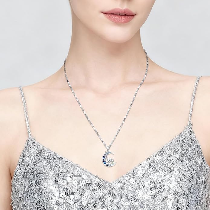 Sterling Silver Tree of Life Necklace for Women Oval Family Tree Necklace Abalone Shell Moonstone Pendant Mother Day Necklace for Mom Tree of Life Jewelry