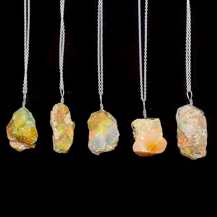 Raw Ethiopian Fir Opal Pendant Necklace for Women, Dainty Pendant, Handmade October Birthstone, Hypoallergenic Spiritual Healing Stone 925 Sterling Silver Chain 20" Birthday Gifts