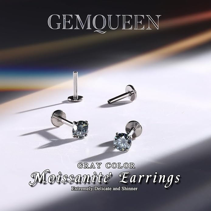GEMQUEEN Moissanite Earrings G23 Titanium Extended Internal Thread Flat Back Earrings Hypoallergenic Tragus Cartilage Helix Conch Piercing Jewelry for Women Men 18G 6/8mm Post Gray/D Color 0.2-3CT