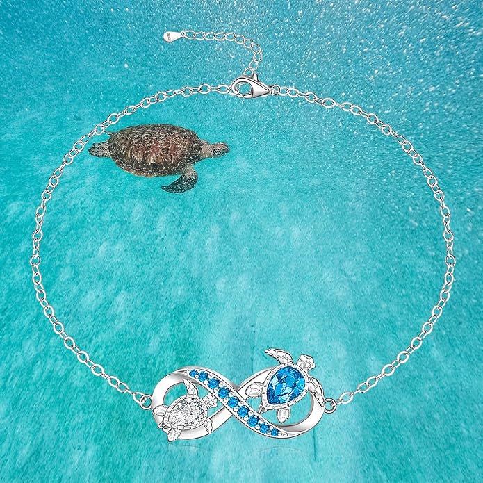 Fenthring Turtle Anklet S925 Sterling Silver Blue Opal Sea Turtle Ankle Bracelets for Women Infinity Wave Ocean Beach Summer Foot Bracelet Jewelry Layered Adjustable