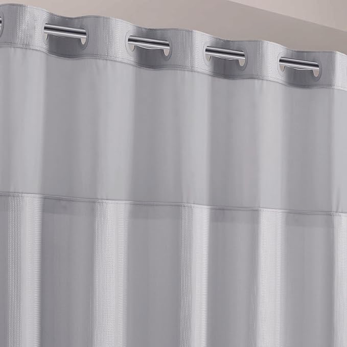 Hookless It’s A Snap! Waffle Stripe Shower Curtain, 2-in-1 Shower Curtain Includes Fabric Shower Curtain with Sheer Top Window and Flex-On Rings, Liner Compatible, 71” x 74”, Light Grey