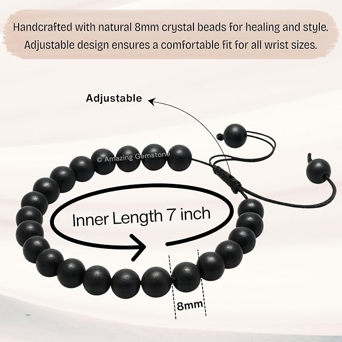 Amazing Gemstone Shungite Bracelet, Gifts for Men & Women - Protection Healing Crystal Bracelet - 8mm Gemstone Beaded Adjustable Bracelet, Pulseras para Hombres Mujer Stocking Stuffers