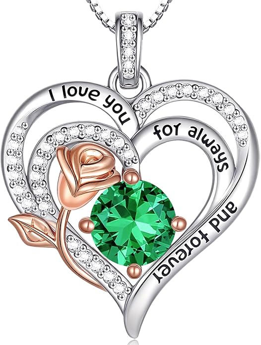 Birthstone Heart Necklaces for Women 925 Sterling Silver Fine Jewelry Rose Pendant Necklace Anniversary Birthday Mothers Day Gifts Her Wife Women Mom Daughter