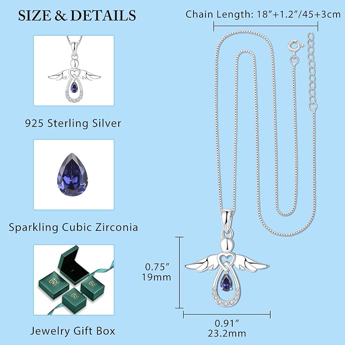 FJ Guardian Angel Necklace 925 Sterling Silver Birthstone Pendant Angel Jewelry Gifts for Women