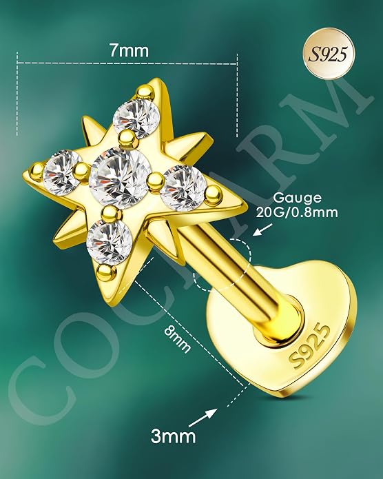 COCHARM 14K Gold Plated Cartilage Earrings Stud 16G Star 925 Sterling Silver Helix Tragus Earrings Surgical Steel Flat Back Earrings for Women
