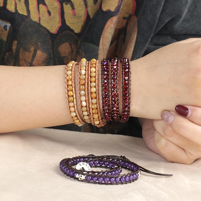 KELITCH Turquoise Beads Bracelets Leather 3 Wrap Bracelet Handmade Women Heart Jewelry