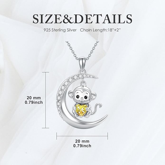 PROESS Animal Birthstone Necklace 925 Sterling Silver Otter/Axolotl/Hippo/Elephant/Dachshund/Monkey/Red Panda Pendant Necklace Animal Birthstone Jewelry Gifts for Women