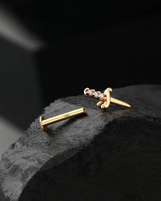 Jewseen 9K Real Solid Gold Flat Back Stud Earring 16G 8mm Internally Threaded Fine Piercing Jewelry for Helix Tragus Lobe Lip