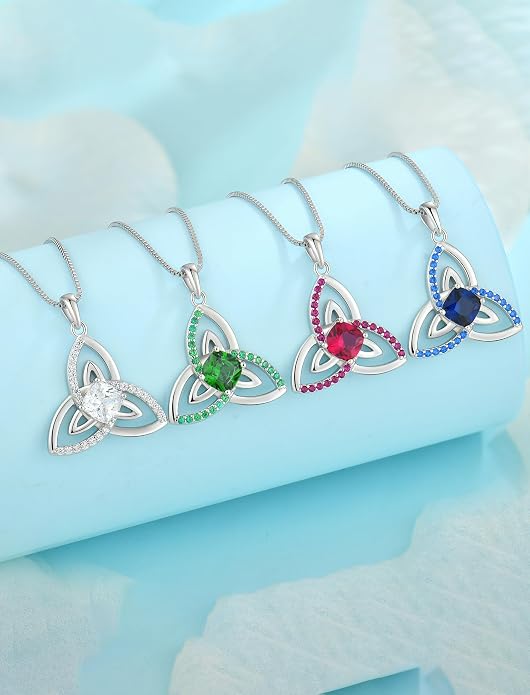 Celtic Birthstone Necklace for Women 925 Sterling Silver Trinity Knot Triquetra Crystal Pendant