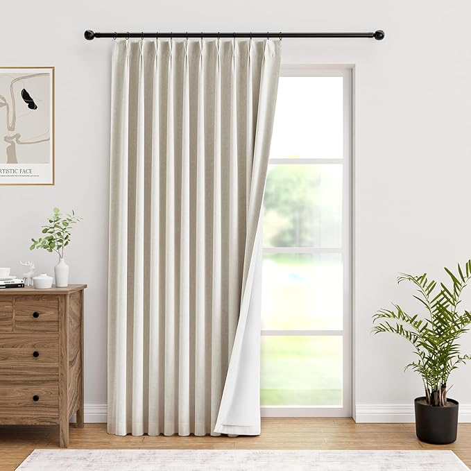 IVAPUPU Natural Pinch Pleated Full Blackout Curtains Linen Blend Room Darkening Window Curtains 84 inch 1 Panel for Living Room Bedroom Thermal Insulated Curtain Drapes with 12 Pcs Hooks 60''Wx84''L