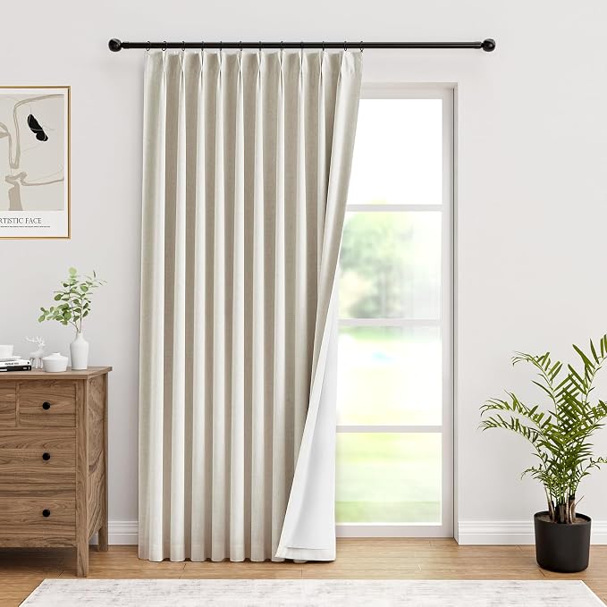 IVAPUPU Natural Pinch Pleated Full Blackout Curtains Linen Blend Room Darkening Window Curtains 102 inch 1 Panel for Living Room Bedroom Thermal Insulated Curtain Drapes with 12 Hooks 60''Wx102''L