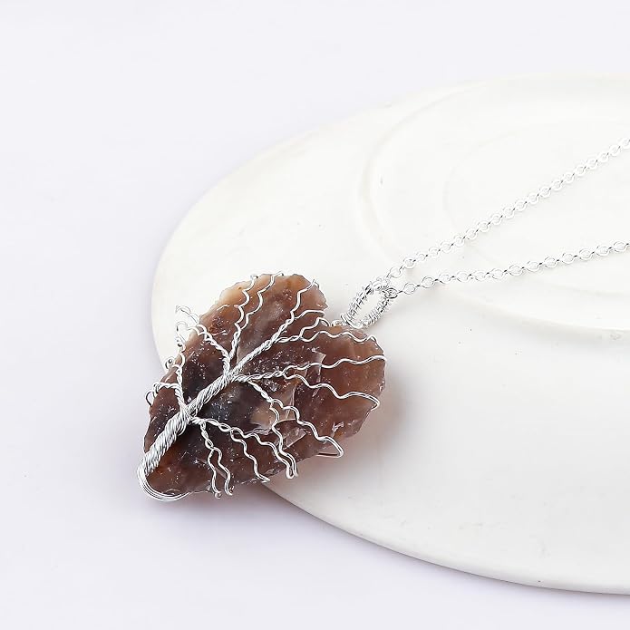 Silver Plated Wire Wrapped Pendant Necklace, Sea Glass Stones, Handmade Jewelry, Healing Crystals, Hammered Pendant, Birthday Gift for Women, Adjustable Chain 16+2inch