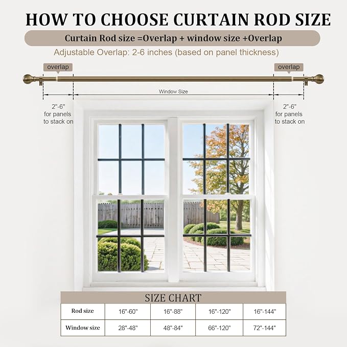 Antique Bronze Curtain Rods for Windows 48 to 84 Inch 1" Diameter | Adjustable Heavy Duty Brass Window Curtain Rod with Metal Finials for Living Room Bedroom Farmhouse Kitchen Outdoor