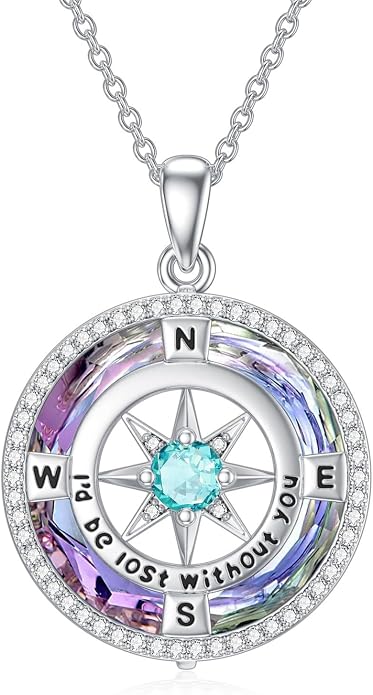 TOUPOP Necklace Gifts for Wife Compass Jewelry Women Anniversary Girlfriend Birthday Gift for Her Valentines I'd be Lost without You Sterling Silver Birthstone Necklaces