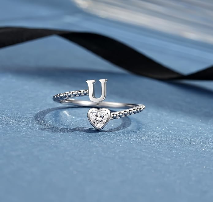 Step Forward 925 Sterling Silver Adjustable Initial Ring for Women | Non Tarnish Letter Rings for Lady | Alphabet Heart Thumb Rings | Capital Letter Jewelry Gifts