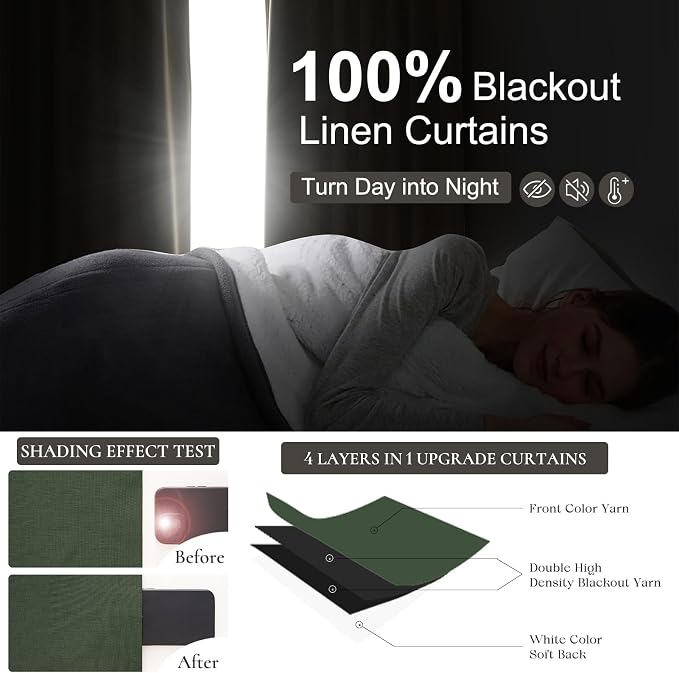 QJmydeco Living Room Green Black Out Curtains 63 Inch Long 2 Panels Set, Thermal Insulated Heat Blocking Curtain for 62-64 Inch Window Vintage Drapes for Bedroom Hooks&Rings&Back Tab (50W x 63L)