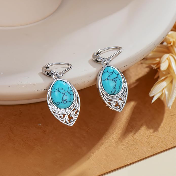 PROESS Filigree Teardrop Earrings S925 Sterling Silver Turquoise/Black Onyx/Peridot/Lapis Lazuli/Abalone Dangle Earrings Teardrop Jewelry for Women Mothers Day Birthday Christmas Gifts