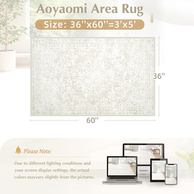Area Rug 3x5 Entryway Rugs - Machine Washable Vintage Boho Area Rug Non-Slip Kitchen Rugs Soft Stain Resistant Indoor Door Mat, Small Floral Throw Rug for Entrance Hallway Bedroom(Cream Beige, 3'x5')