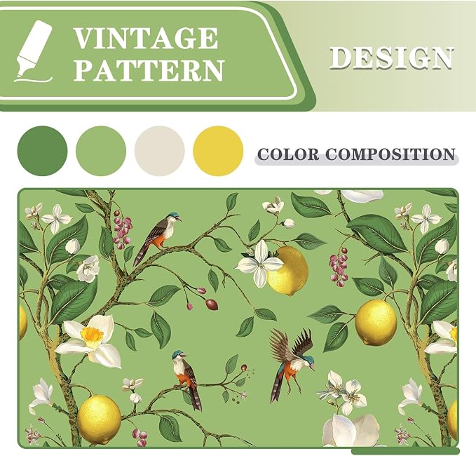MYSKY HOME Floral Blackout Curtains 95 Inch Long for Living Room Vintage Farmhouse Room Darkening for Dining Room Bedroom Lemon Hummingbird Patterned Thermal Insulated Drapes, Pack-2, W52, Sage Green