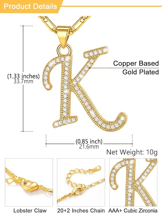 U7 Initial Necklace for Women, Gold/Platinum Plated CZ Crystal Letter A-Z Pendant Necklace, Shiny 20 Inch Name Chain Dainty Personalized Jewelry for Men Mom Wife Friend
