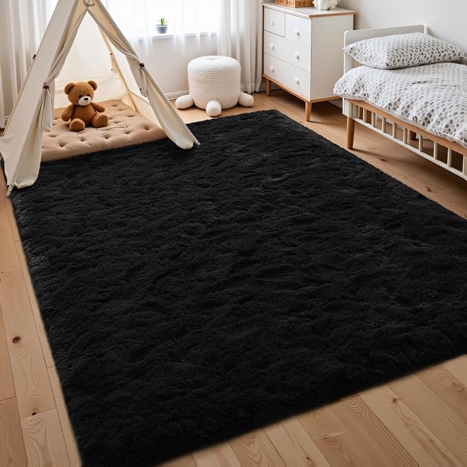 Fluffy Area Rugs for Bedroom Decor Aesthetic, 8x10 Large Black Shag Rug with Non-Slip Backing for Living Room, Fuzzy Plush Carpet Washable Rug Modern Home Decor for Kids Nursery Boys Room