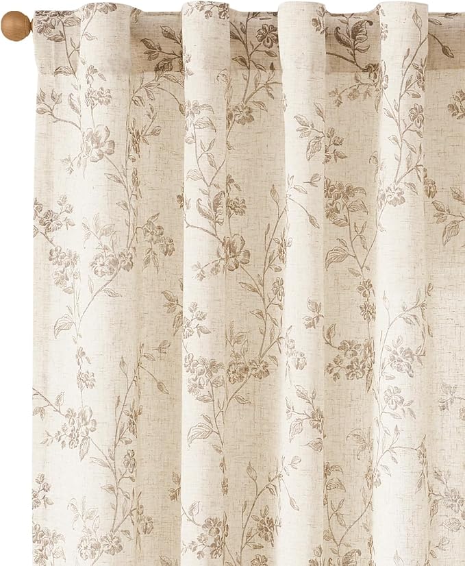 jinchan Taupe Floral Linen Curtains 90 Inch Farmhouse Back Tab 2 Panels | Flower patterned drapes, french country, light filtering, semi sheer, printed, bedroom, living room, office, window treatment