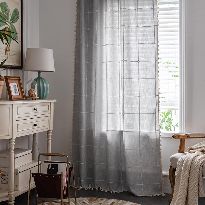 ColorBird Farmhouse Semi-Blackout Window Curtains 2 Panels Embroidery Lattice Cotton Linen Darkening Curtains with Tassel Rod Pocket Window Drapes for Dining Living Bedroom (52" W x 84" L, Grey)