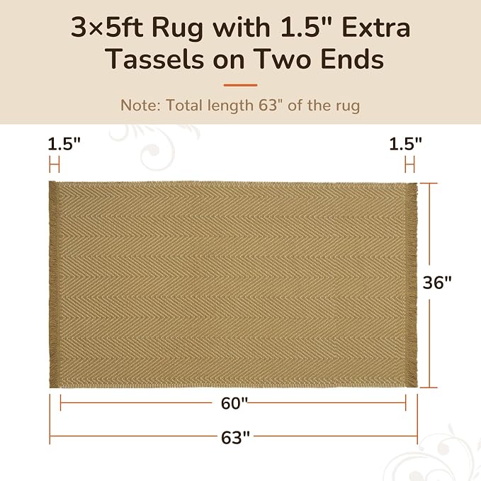 3x5 Washable Boho Area Rug with Tassels for Living Room Yellow Beige | Vacuum Friendly, Machine Washable, Non-Slip Rug, Modern Farmhouse Neutral Decor Carpet, Bedroom Dining Room Office Kitchen