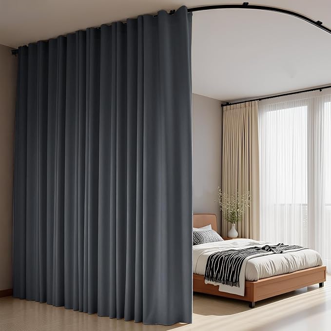 Room Divider Curtains Flexible Ceiling Tracks set Curtain track Ceiling Mount Blackout Curtain for Living Room Bedroom Ceiling Curtain Rod Privacy Dividers Panels W120 x H120 Grey Drape & Black rail