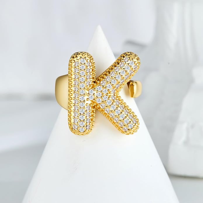 Cicy Bell Initial Rings for Women 14k Gold Plated Cubic Zirconia Delicate Letter Chunky Statement Open Rings Gifts for Her