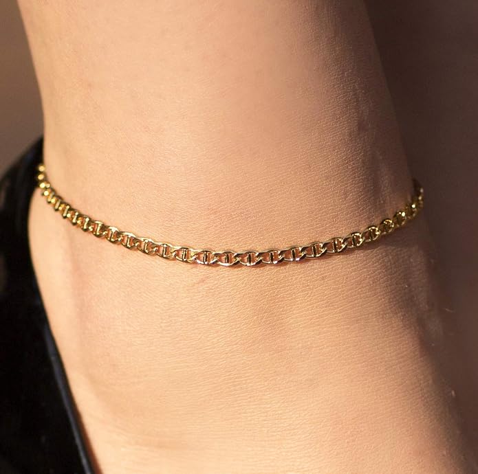 LIFETIME JEWELRY Womens Gold Anklet 3mm Mariner Link Chain Ankle Bracelet 24k Gold Plated