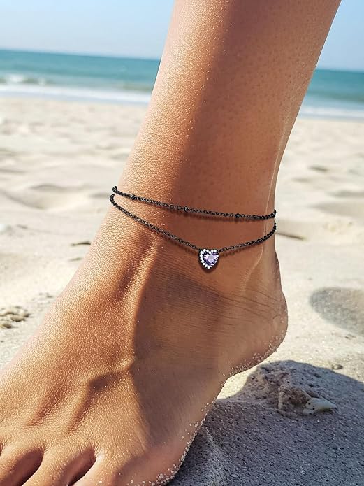 Richsteel Double Layer Heart/Butterfly Birthstone Anklet for Women Non Tarnish Waterproof, Silver/Gold/Black Stainless Steel 8.5-10.5 Inch Adjustable Chain Anklets Jewelry Gifts for Her