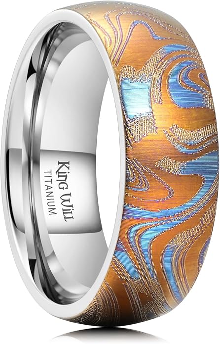King Will Titanium Wedding Ring for Men Women, 8mm Width Gold/Silver Wedding Band with Unique Random Laser Textured and Multi-Color Laser Engraved Titanium Ring Comfort Fit and Durable Size 8-12
