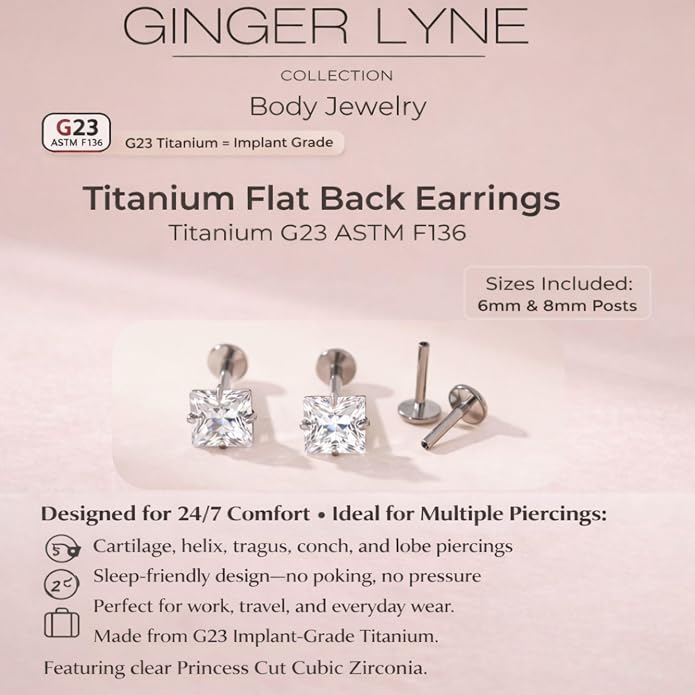 Titanium Princess Cut Labret Stud Earrings for Piercings by Ginger Lyne Solitaire Cz 6Pc Set G23 Screw Front Flat Back Body Jewelry 2 pair post 6mm, 8mm Cartilage, Helix, Tragus, Lip, Conch, Lobe